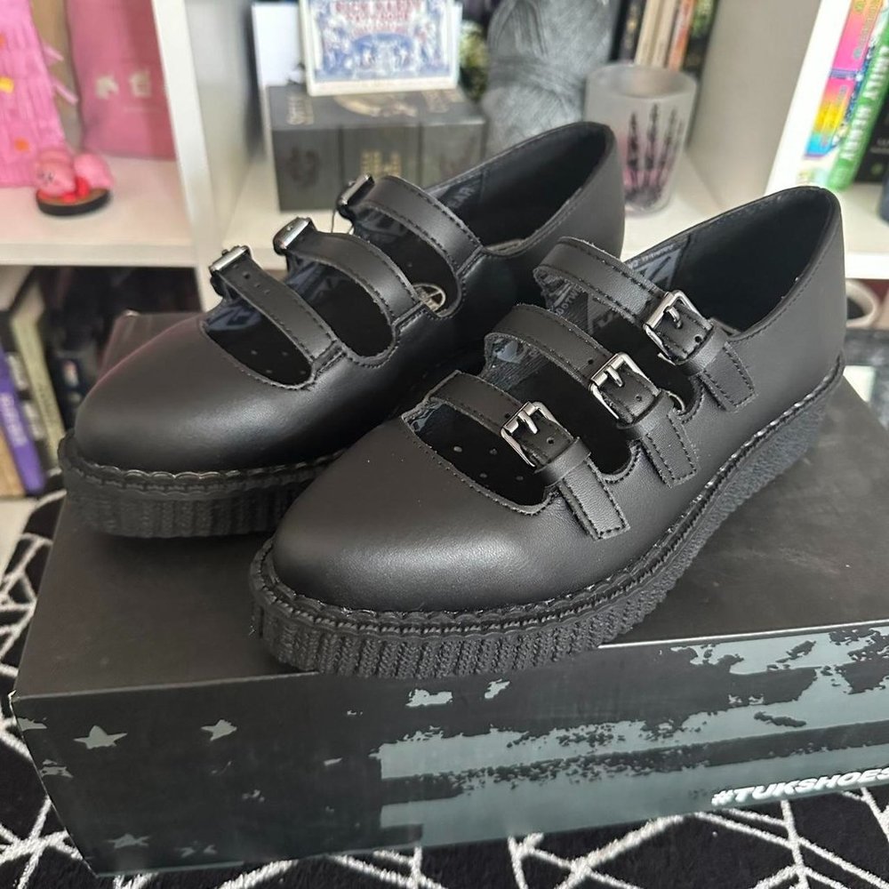 tuk Black Triple-Strap Creeper Flats